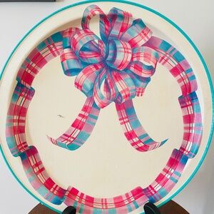 Vintage tray with a plaid bow design, Vintage Metal Tray, Vintage Tray